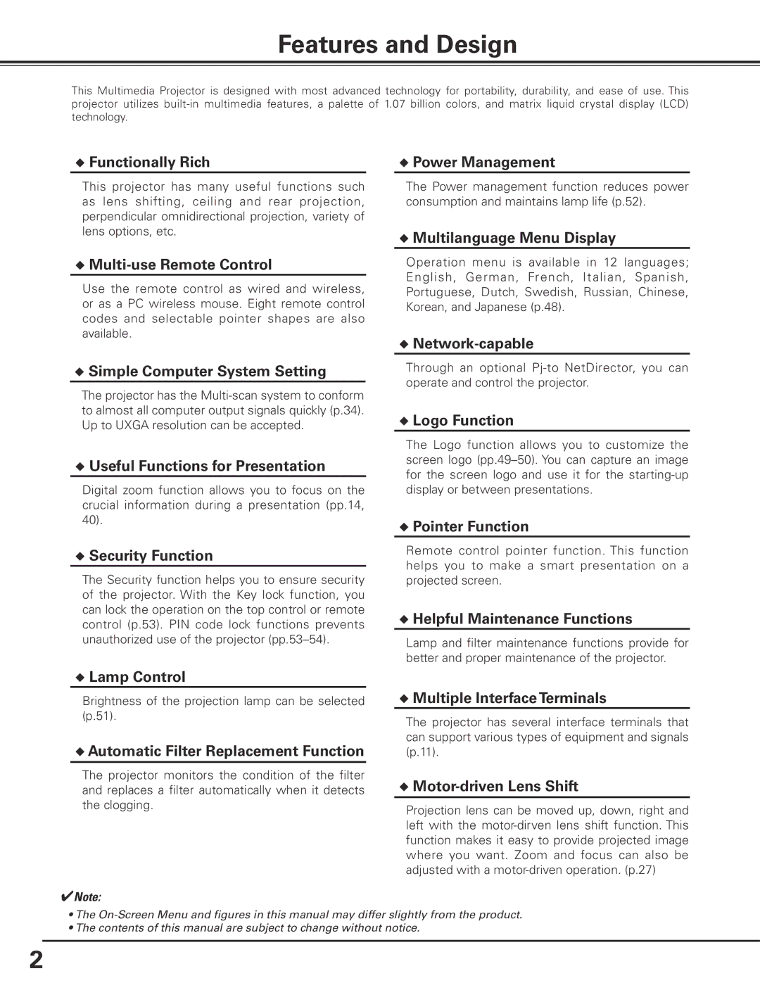 Eiki LC-X80 owner manual Features and Design 