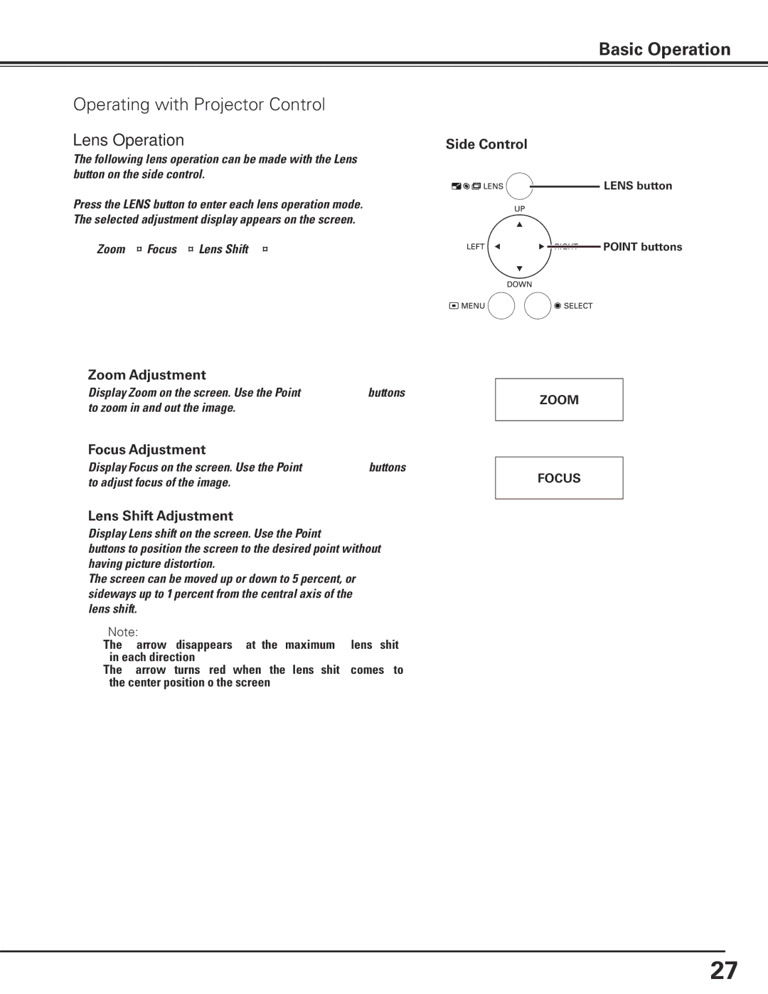 Eiki LC-X80 owner manual Operating with Projector Control, Lens Operation, Lens button Point buttons 