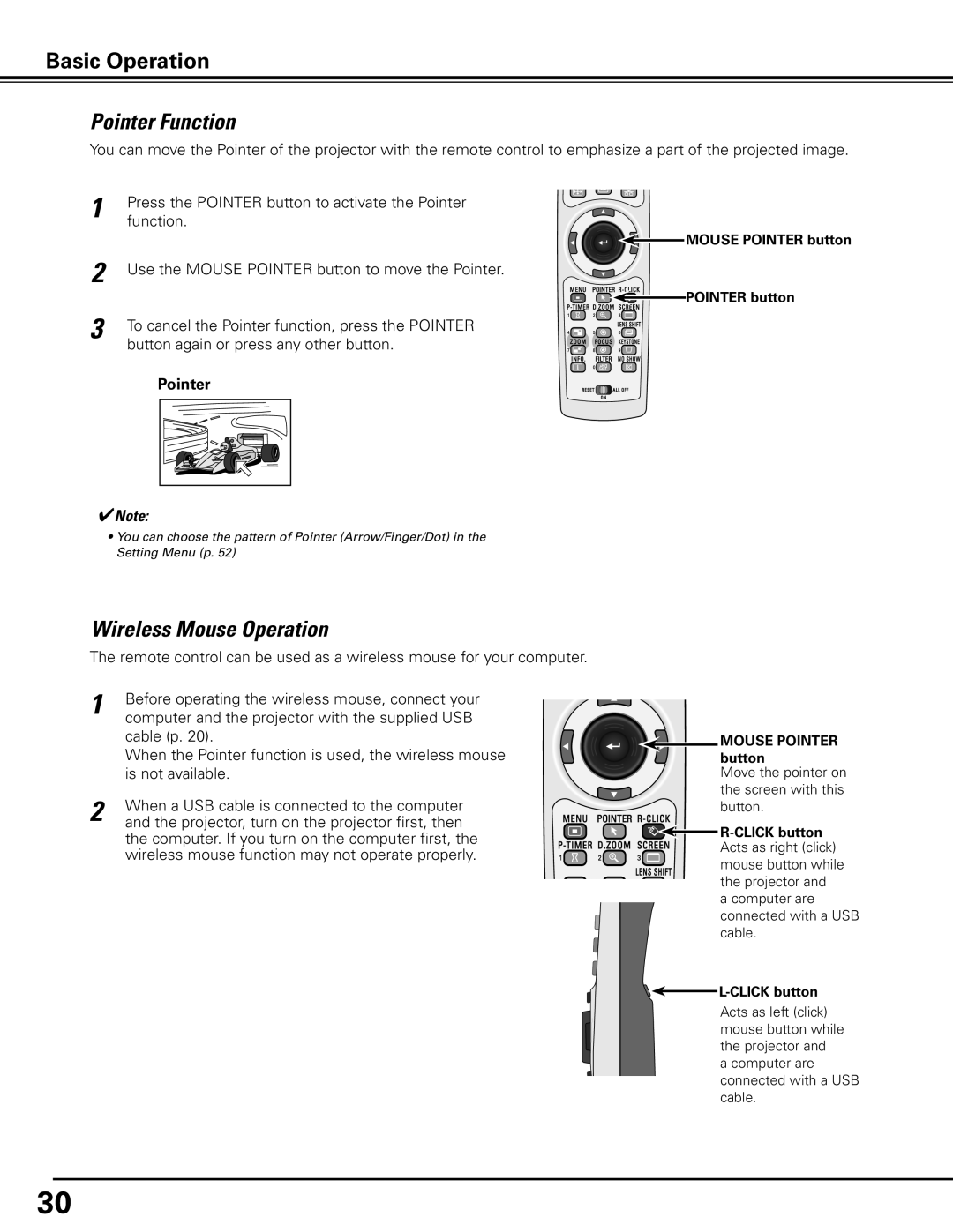 Eiki LC-X80 owner manual Pointer Function, Wireless Mouse Operation, Mouse Pointer button, Click button 