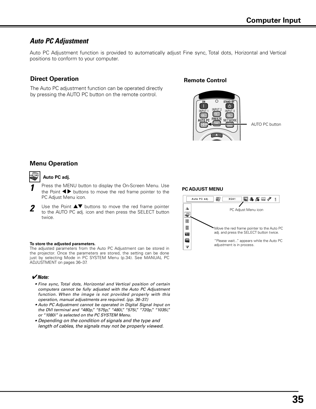 Eiki LC-X80 owner manual Auto PC Adjustment, Direct Operation, Auto PC adj, PC Adjust Menu 