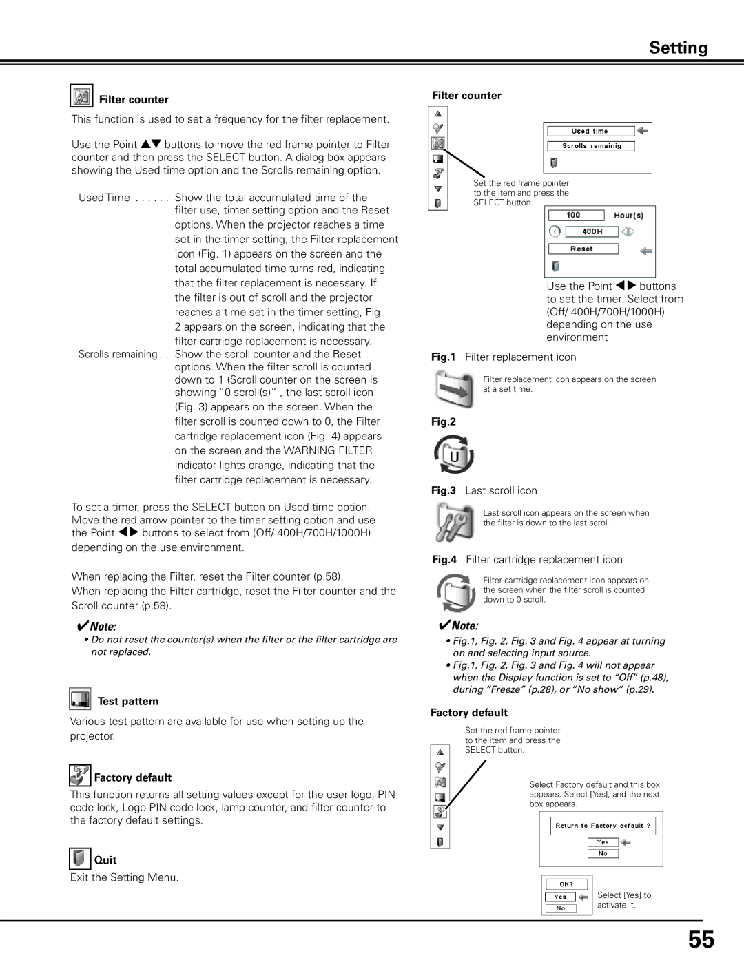 Eiki LC-X80 owner manual Filter counter, Test pattern, Factory default 