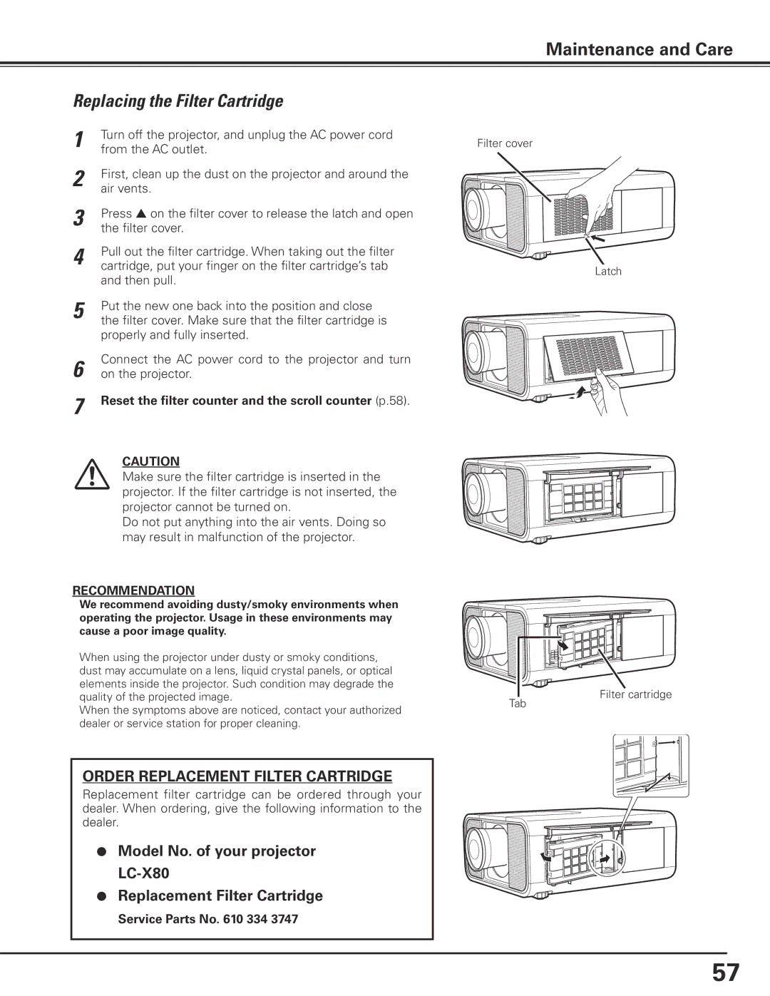 Eiki LC-X80 owner manual Maintenance and Care 