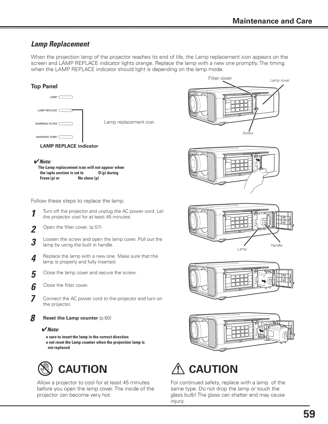 Eiki LC-X80 owner manual Lamp Replacement, Lamp Replace indicator, Reset the Lamp counter p.60 