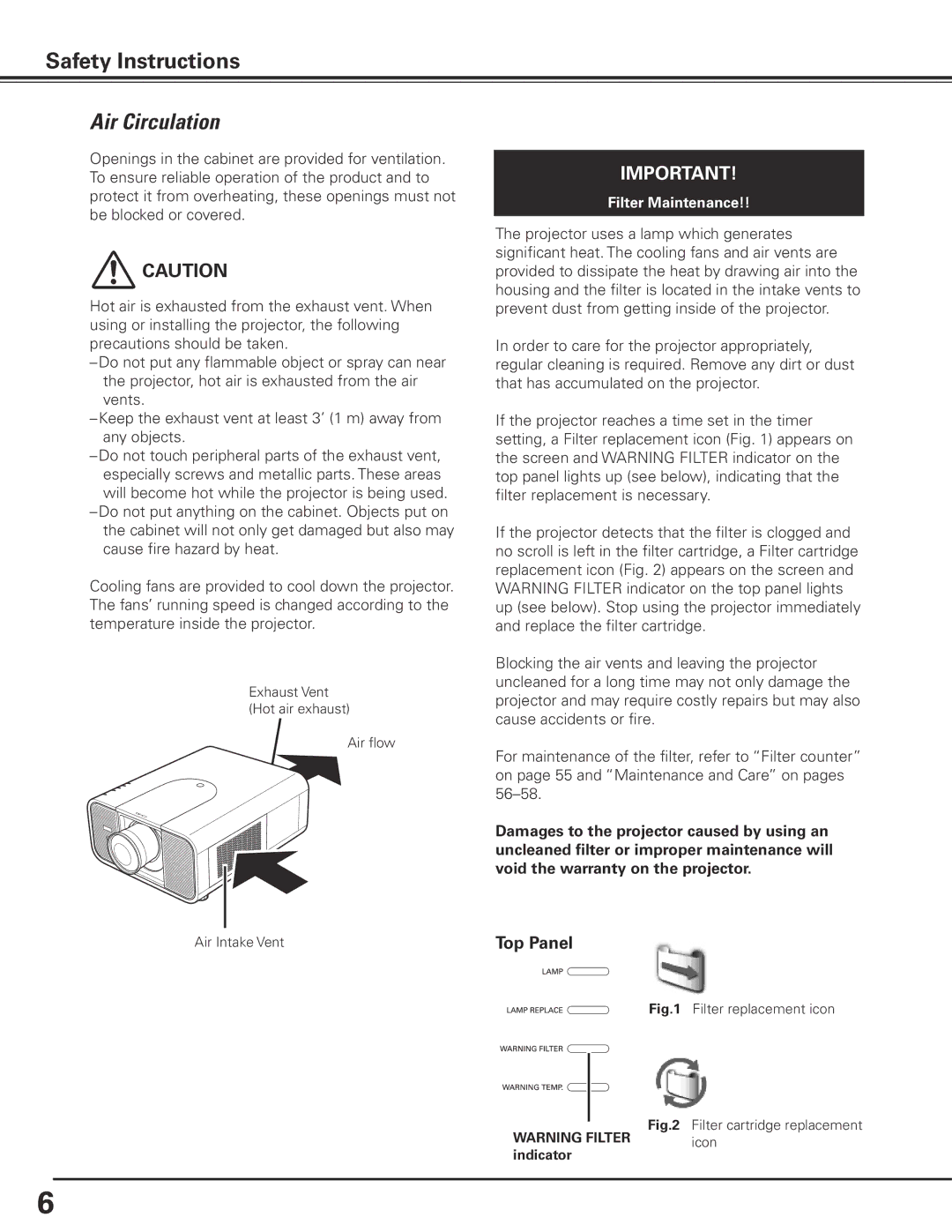 Eiki LC-X80 owner manual Air Circulation, Top Panel 