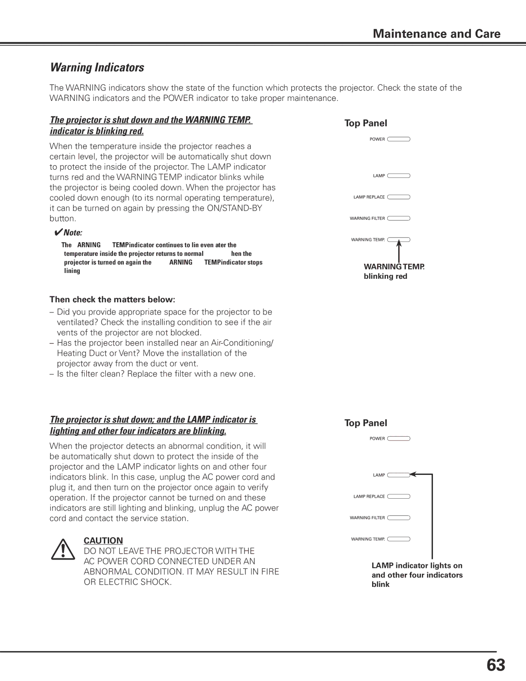 Eiki LC-X80 owner manual Then check the matters below, Lamp indicator lights on and other four indicators blink 