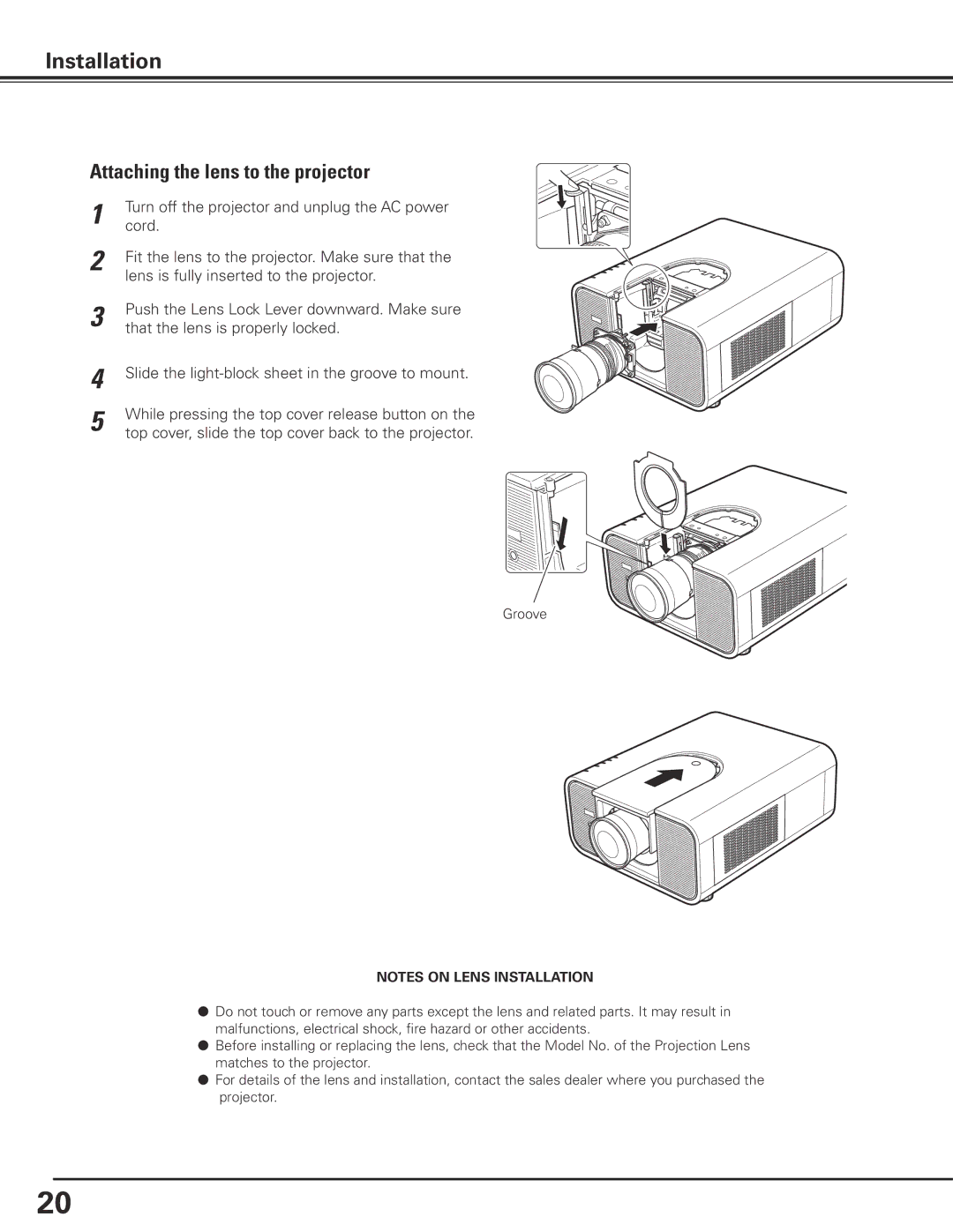 Eiki LC-X85 owner manual Attaching the lens to the projector 