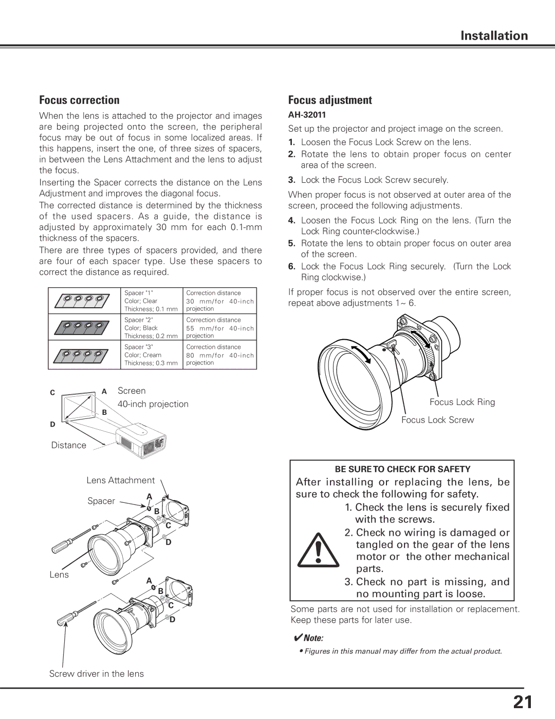 Eiki LC-X85 owner manual Focus correction, Focus adjustment, AH-32011 