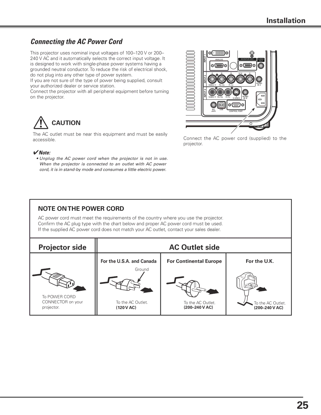 Eiki LC-X85 owner manual Connecting the AC Power Cord, For the U..K, For the U..S..A.. and Canada For Continental Europe 