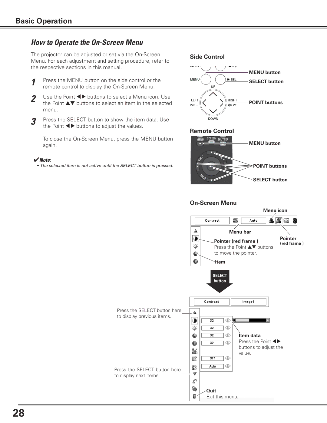 Eiki LC-X85 owner manual How to Operate the On-Screen Menu, Side Control, Remote Control 