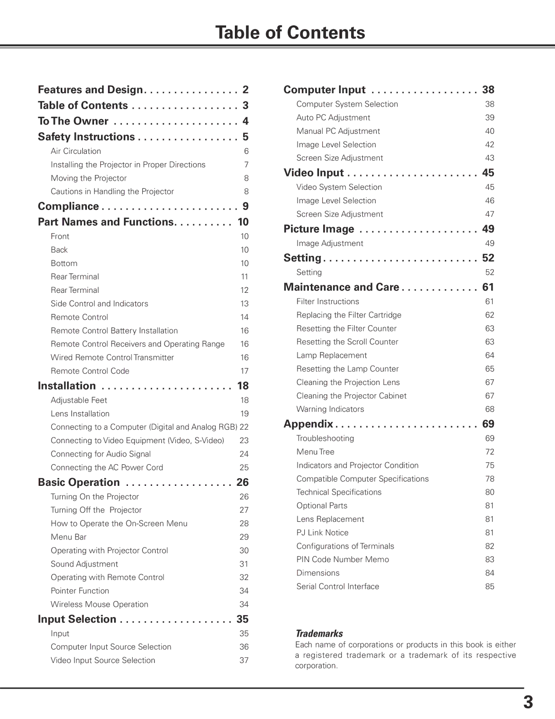 Eiki LC-X85 owner manual Table of Contents 