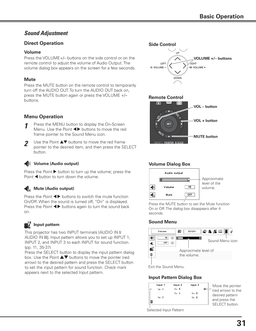 Eiki LC-X85 owner manual Sound Adjustment, Direct Operation, Menu Operation 