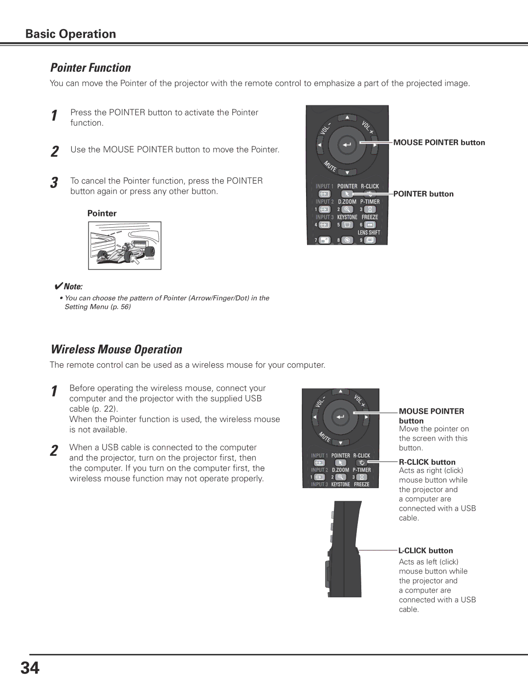 Eiki LC-X85 owner manual Pointer Function, Wireless Mouse Operation, Mouse Pointer 