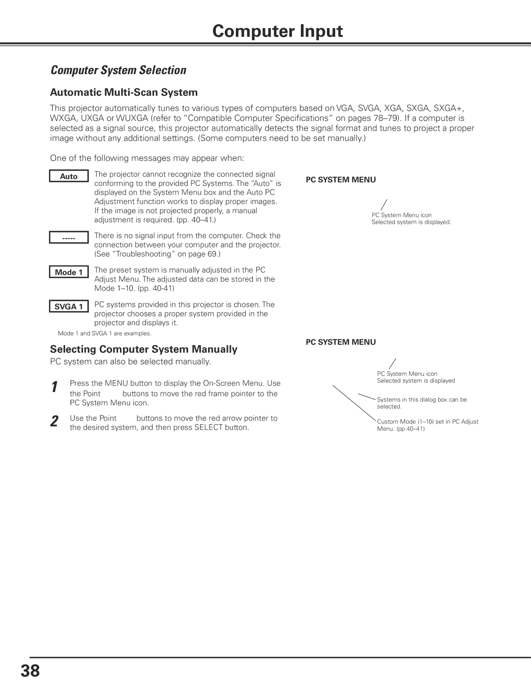 Eiki LC-X85 Computer Input, Computer System Selection, Automatic Multi-Scan System, Selecting Computer System Manually 