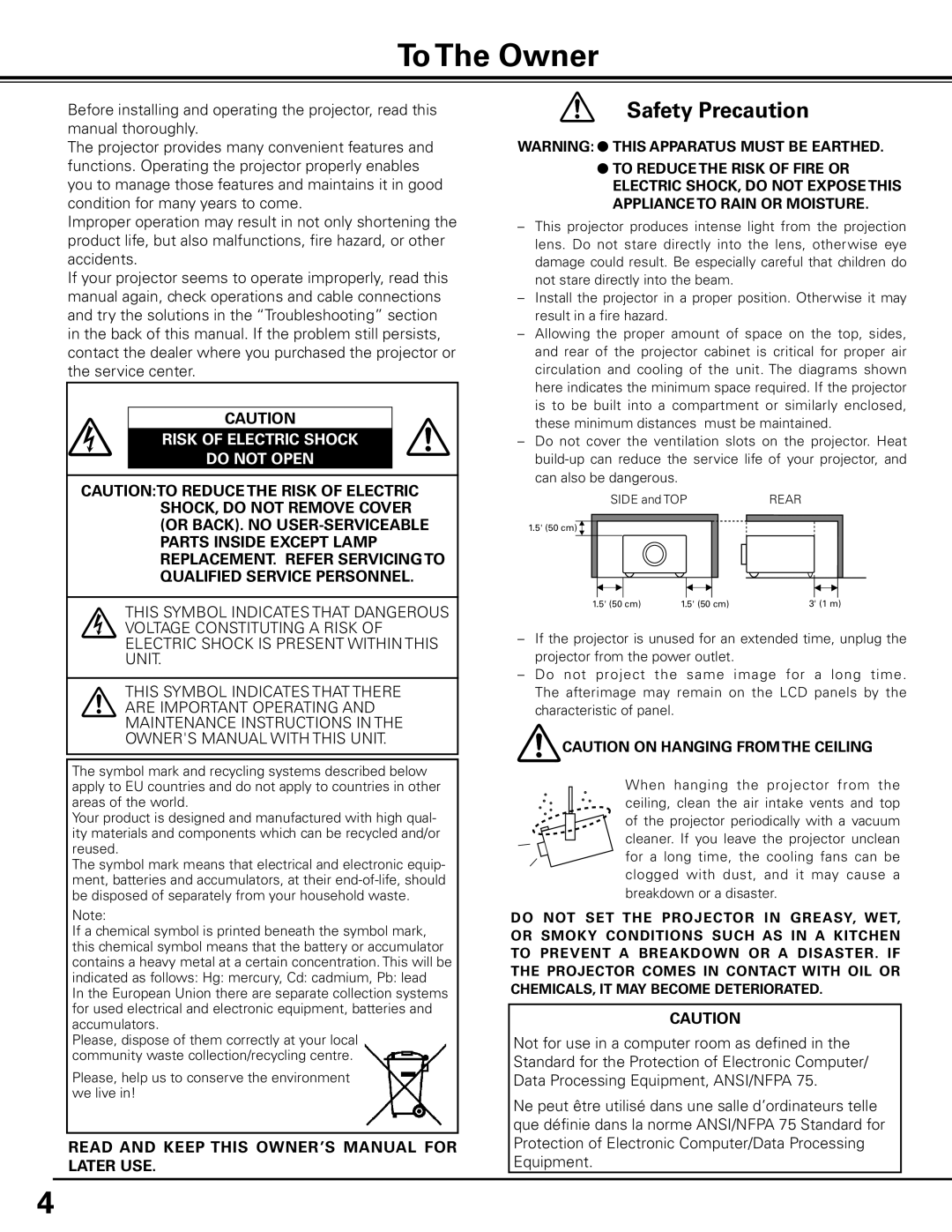 Eiki LC-X85 owner manual To The Owner, Risk of Electric Shock Do not Open 