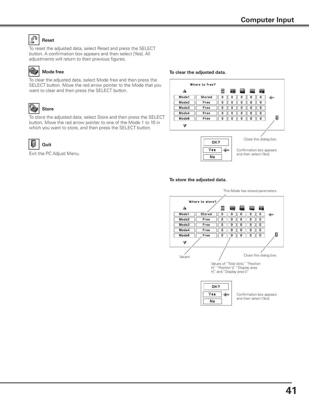 Eiki LC-X85 owner manual Reset, Mode free, Store, To store the adjusted data 