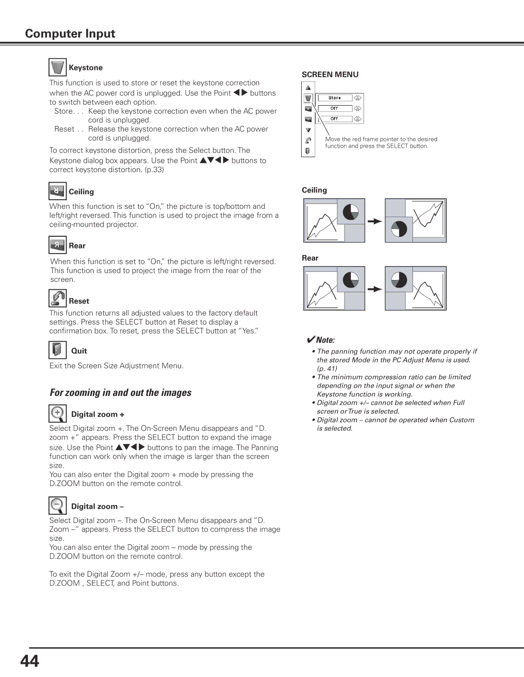 Eiki LC-X85 owner manual Keystone, Ceiling, Rear, Digital zoom + 