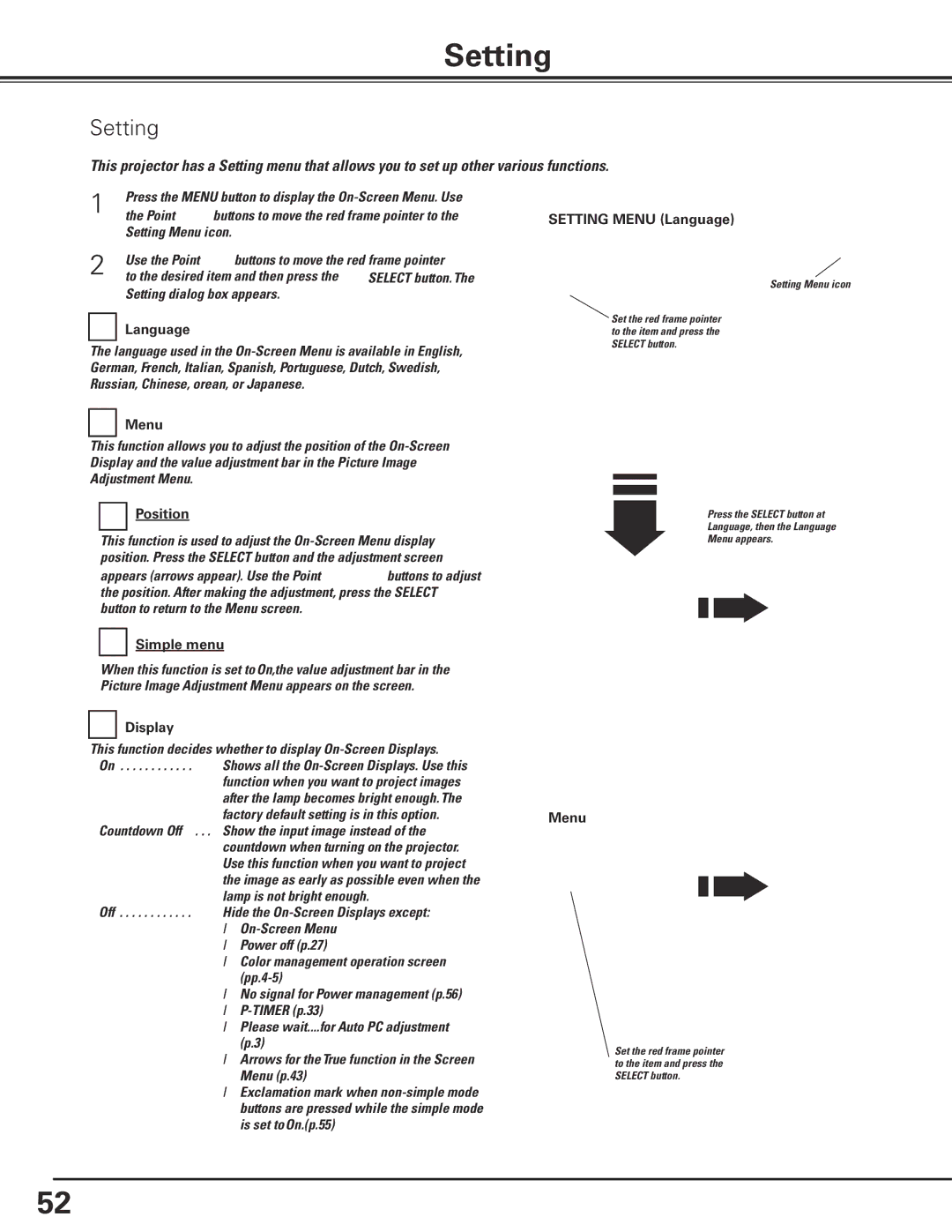 Eiki LC-X85 owner manual Setting 