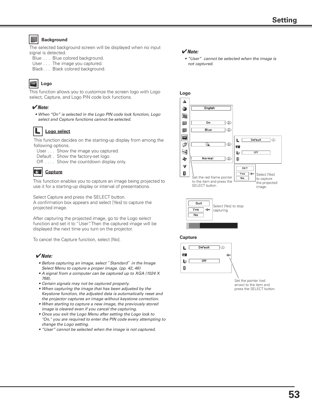 Eiki LC-X85 owner manual Background, Logo select, Capture 