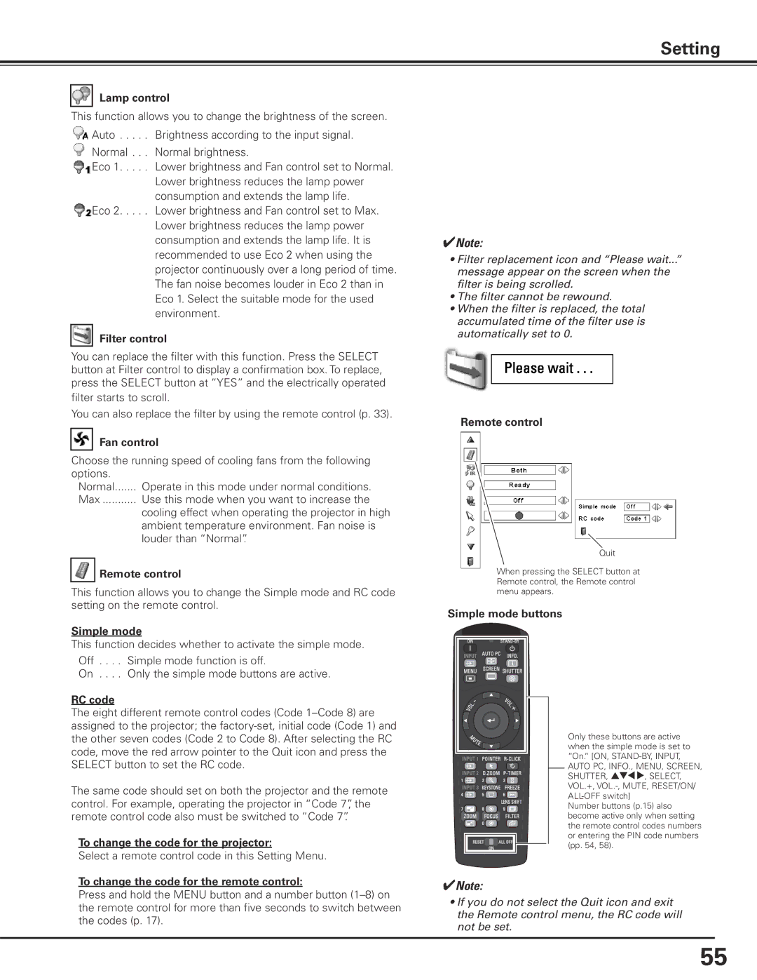 Eiki LC-X85 owner manual Lamp control, Filter control, Fan control, Remote control, RC code, Simple mode buttons 