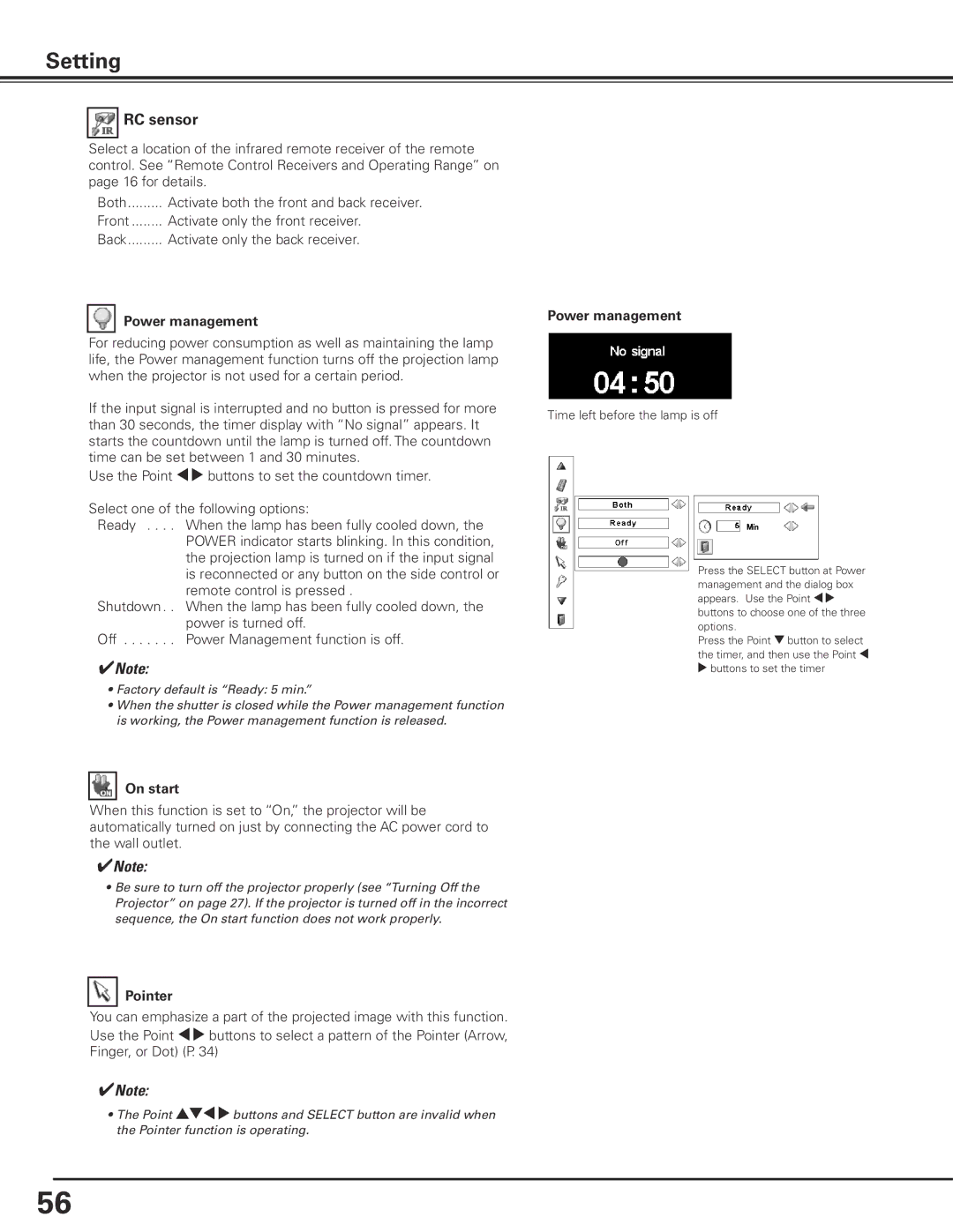 Eiki LC-X85 owner manual RC sensor, Power management, On start 