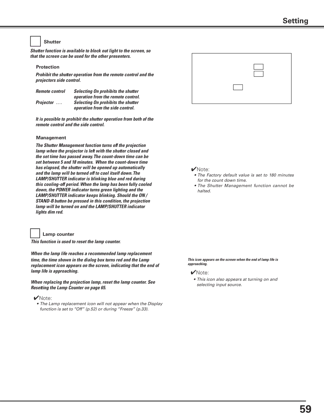 Eiki LC-X85 owner manual Shutter, Protection, Management, Lamp counter 