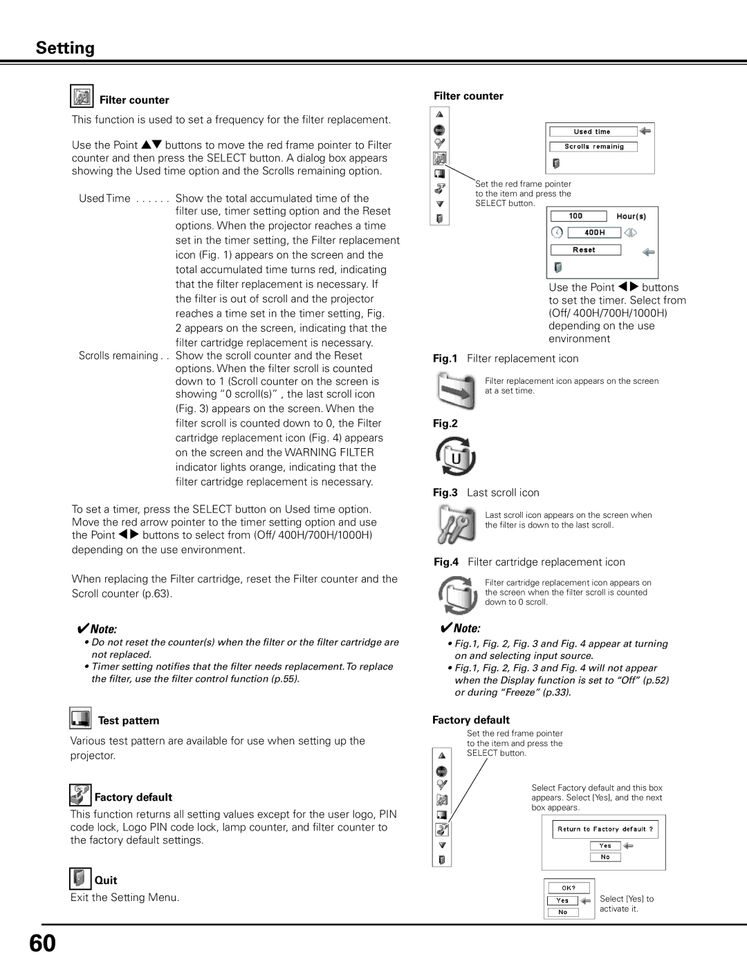 Eiki LC-X85 owner manual Filter counter, Test pattern, Factory default 