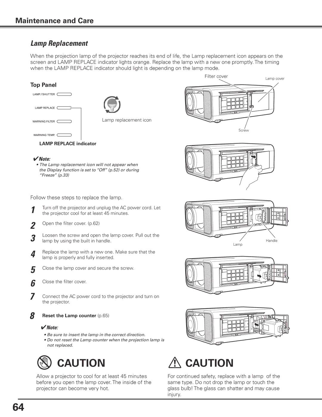 Eiki LC-X85 owner manual Lamp Replacement, Top Panel, Lamp Replace indicator, Reset the Lamp counter p.65 