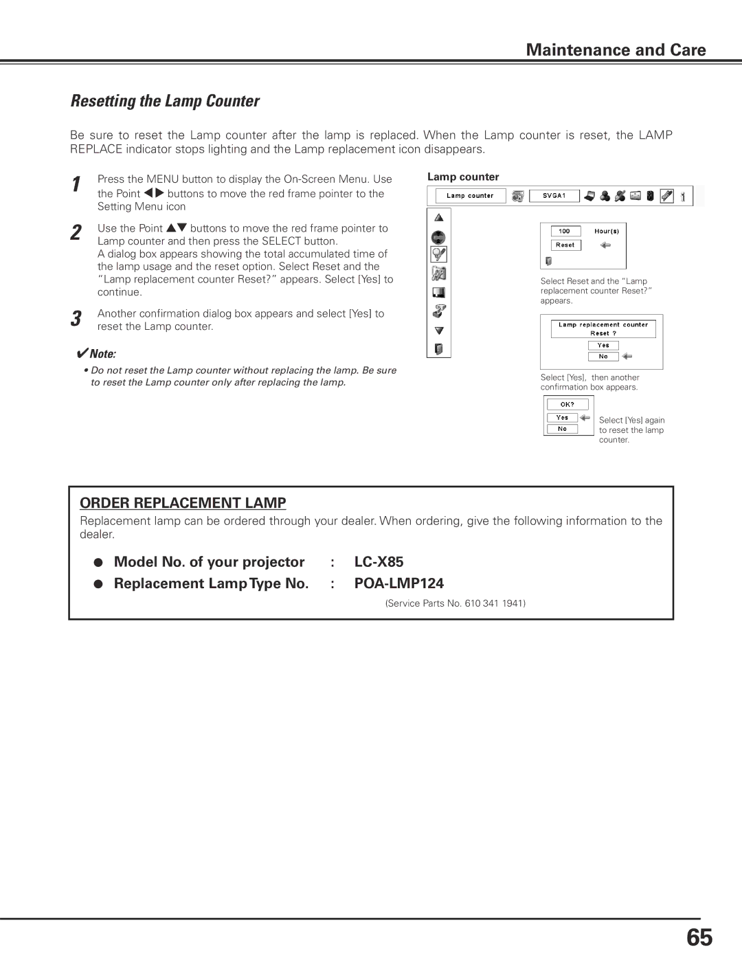 Eiki LC-X85 owner manual Resetting the Lamp Counter, Order Replacement Lamp 