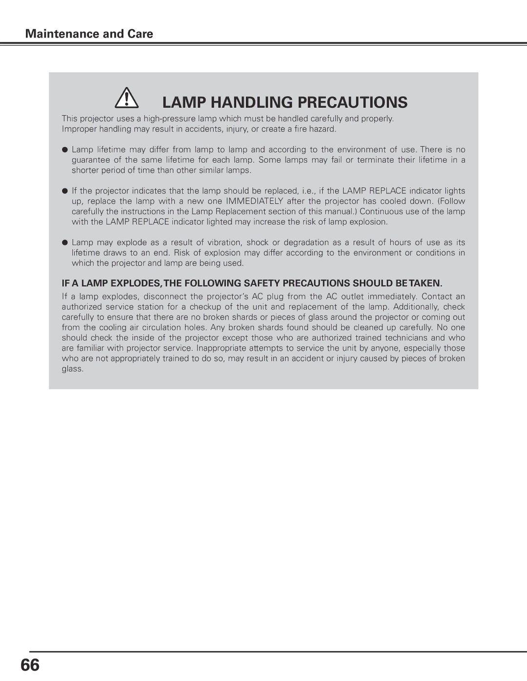 Eiki LC-X85 owner manual Lamp Handling Precautions 