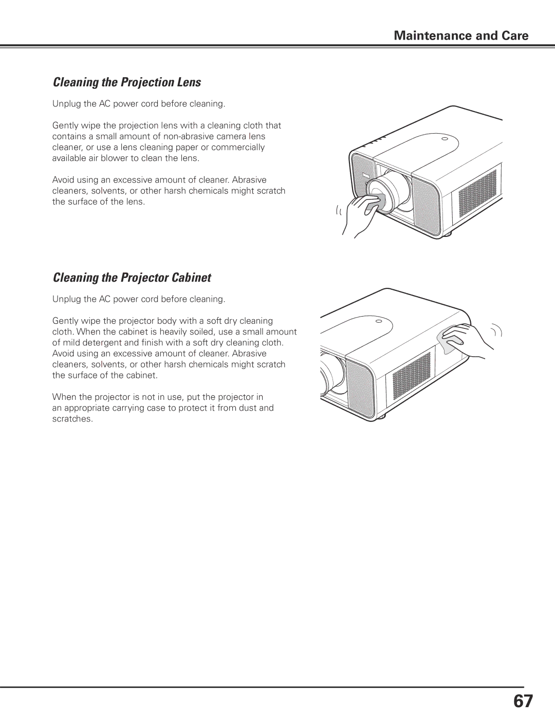 Eiki LC-X85 owner manual Cleaning the Projection Lens, Cleaning the Projector Cabinet 