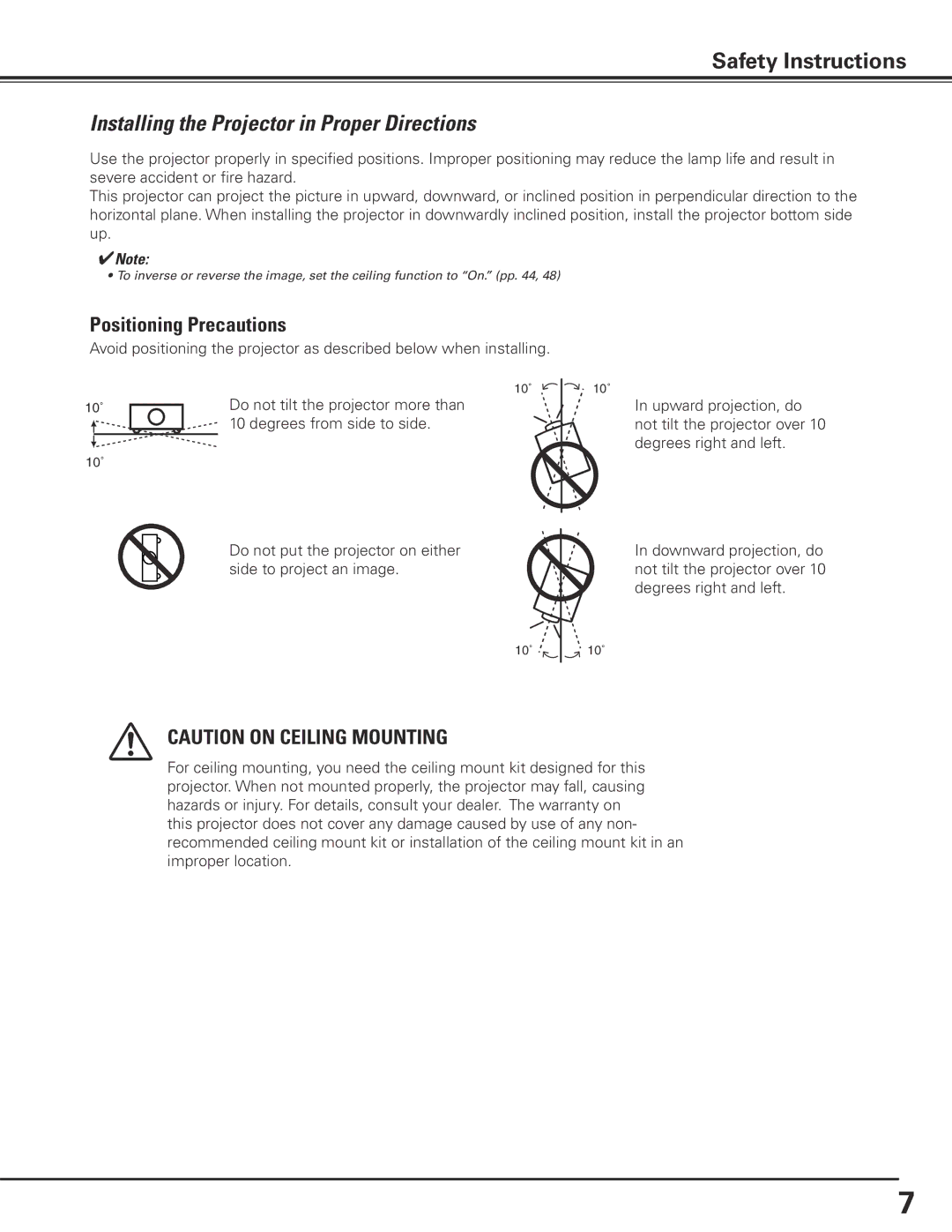 Eiki LC-X85 owner manual Installing the Projector in Proper Directions, Positioning Precautions 