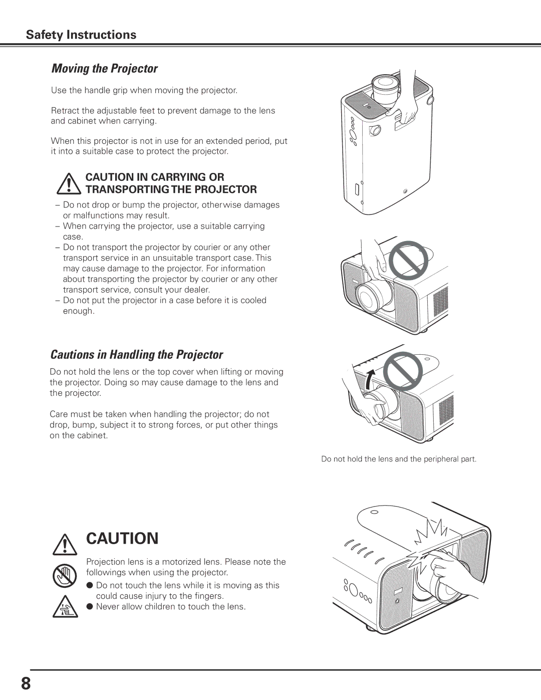 Eiki LC-X85 owner manual Moving the Projector, Transporting the Projector 