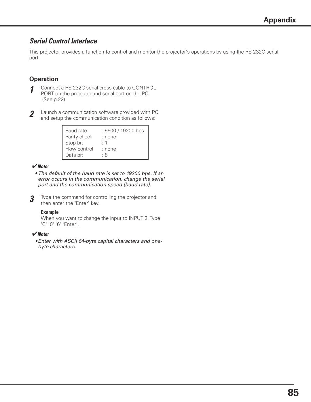 Eiki LC-X85 owner manual Serial Control Interface, Operation, Example 