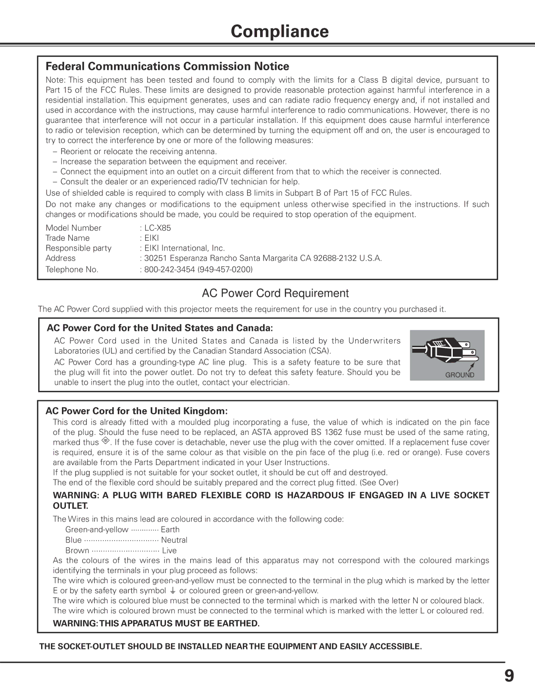 Eiki LC-X85 owner manual Compliance, Federal Communications Commission Notice, AC Power Cord Requirement 