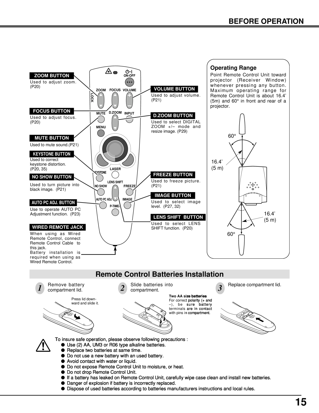 Eiki LC-X986 instruction manual Before Operation, Remote Control Batteries Installation, Operating Range 