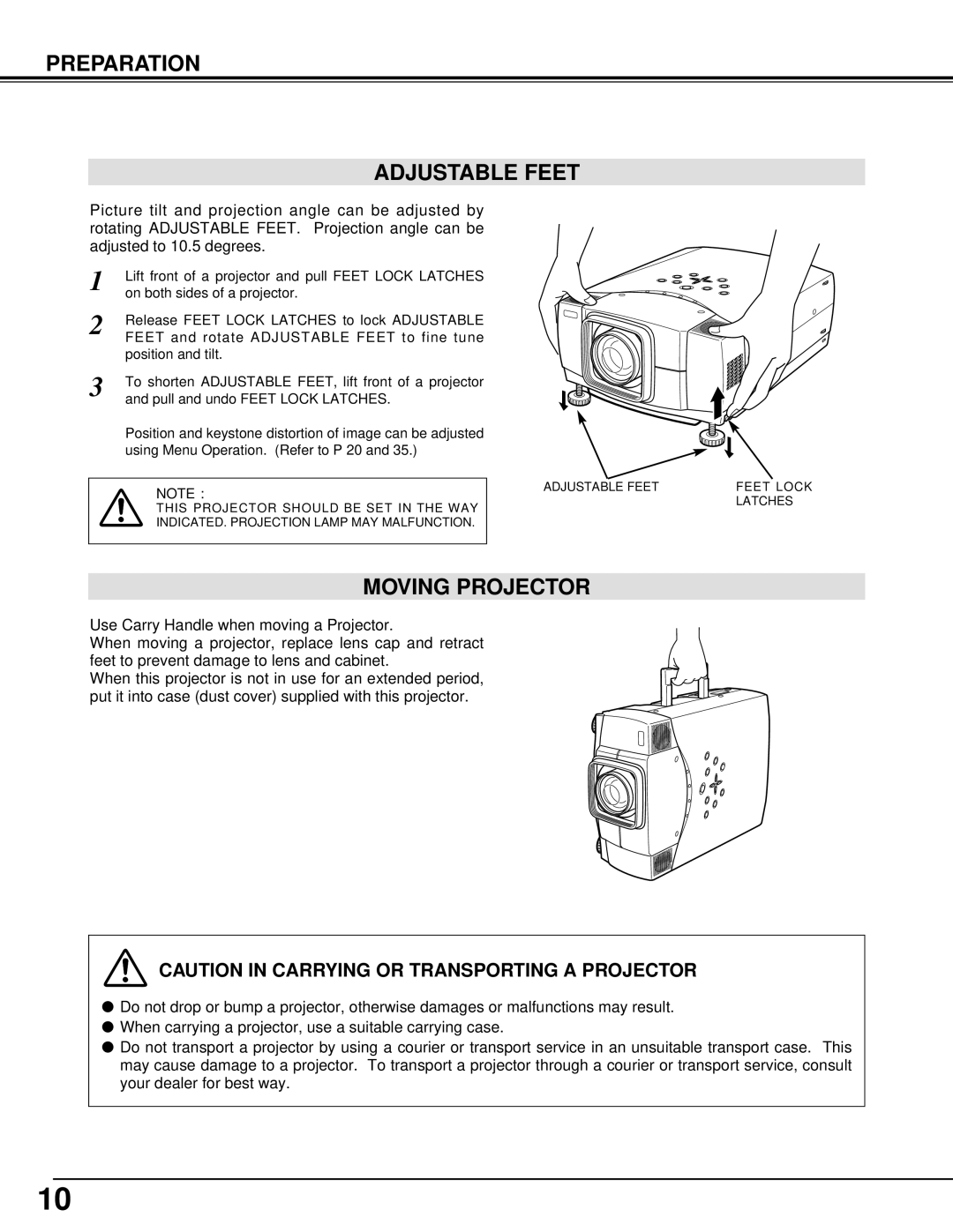 Eiki LC-X986 instruction manual Preparation Adjustable Feet, Moving Projector 