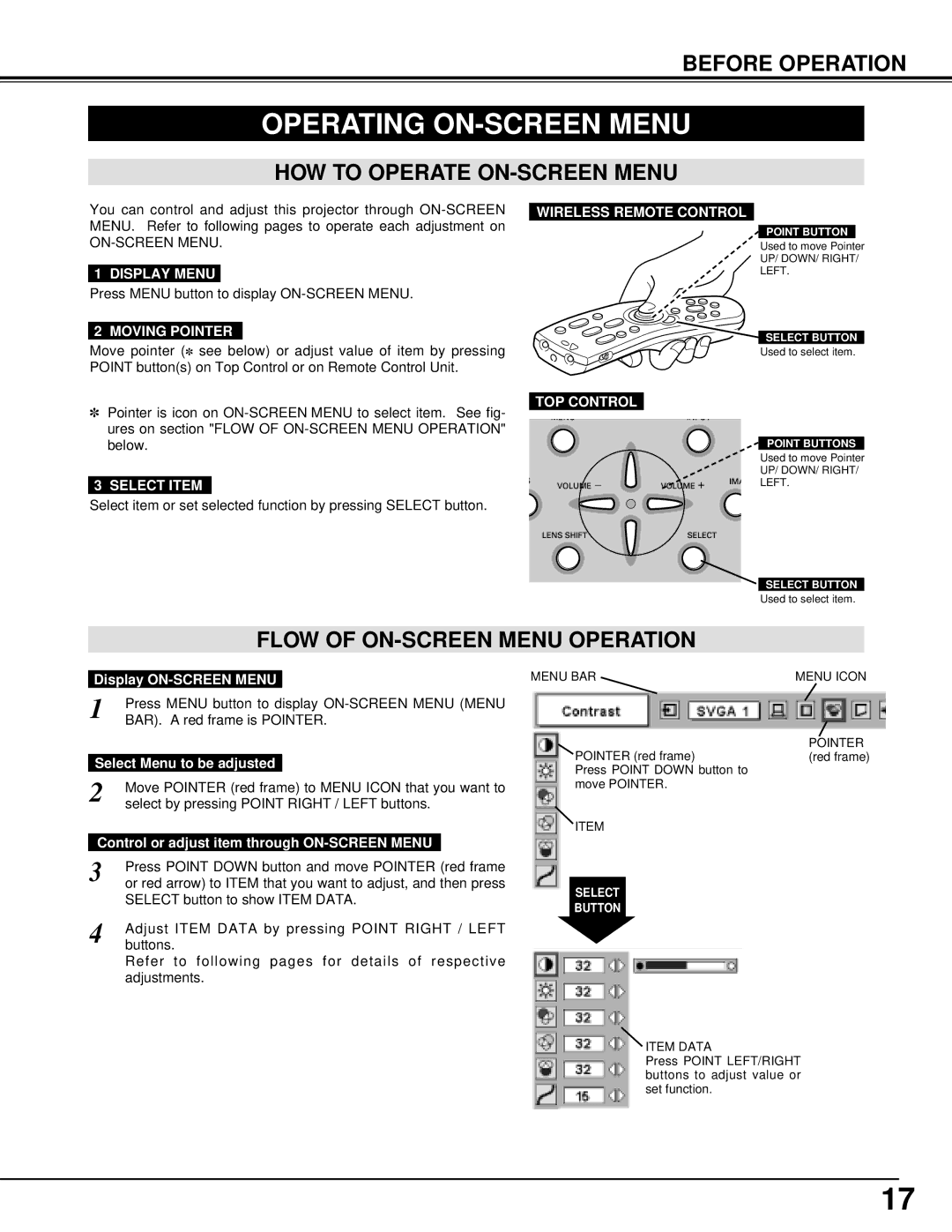 Eiki LC-X986 instruction manual Operating ON-SCREEN Menu, HOW to Operate ON-SCREEN Menu, Flow of ON-SCREEN Menu Operation 