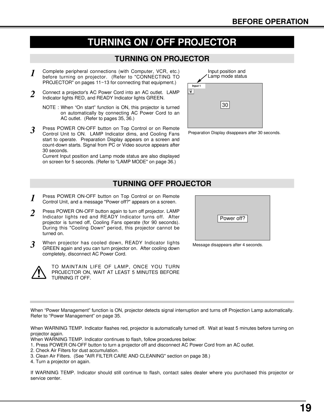 Eiki LC-X986 instruction manual Turning on / OFF Projector, Turning on Projector, Turning OFF Projector 