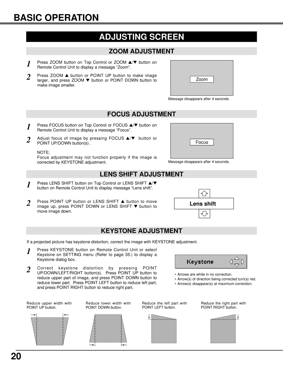 Eiki LC-X986 instruction manual Basic Operation, Adjusting Screen, Zoom Adjustment, Focus Adjustment, Keystone Adjustment 