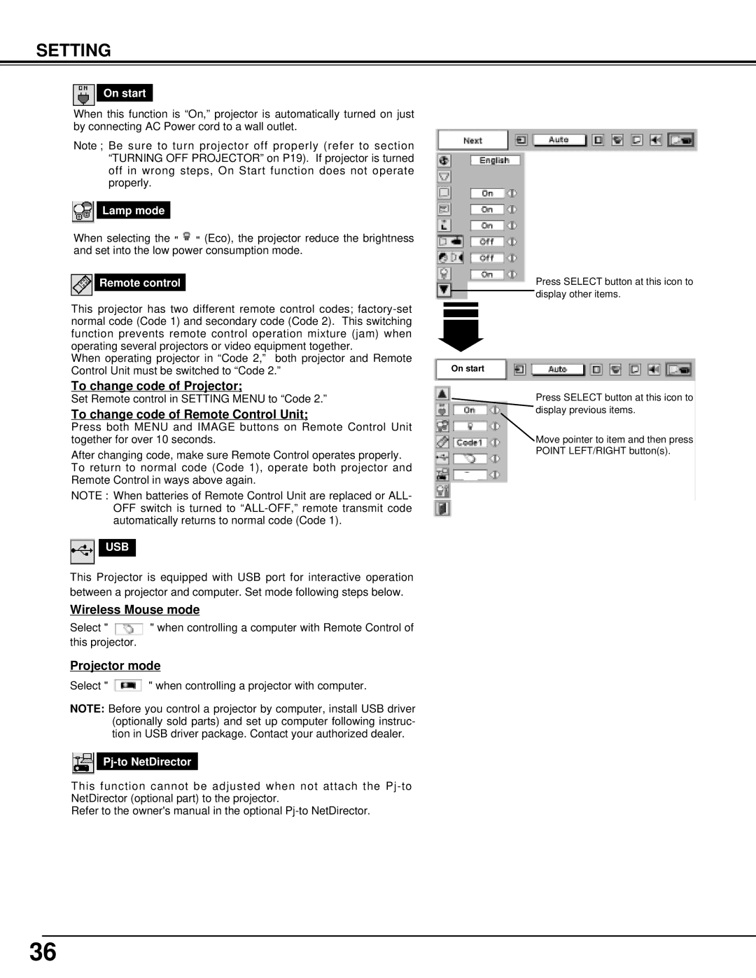 Eiki LC-X986 To change code of Projector, To change code of Remote Control Unit, Wireless Mouse mode, Projector mode, Usb 