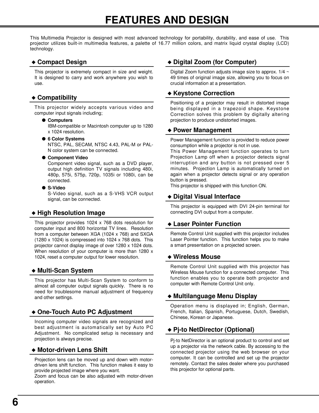 Eiki LC-X986 instruction manual Features and Design, Compact Design Digital Zoom for Computer 