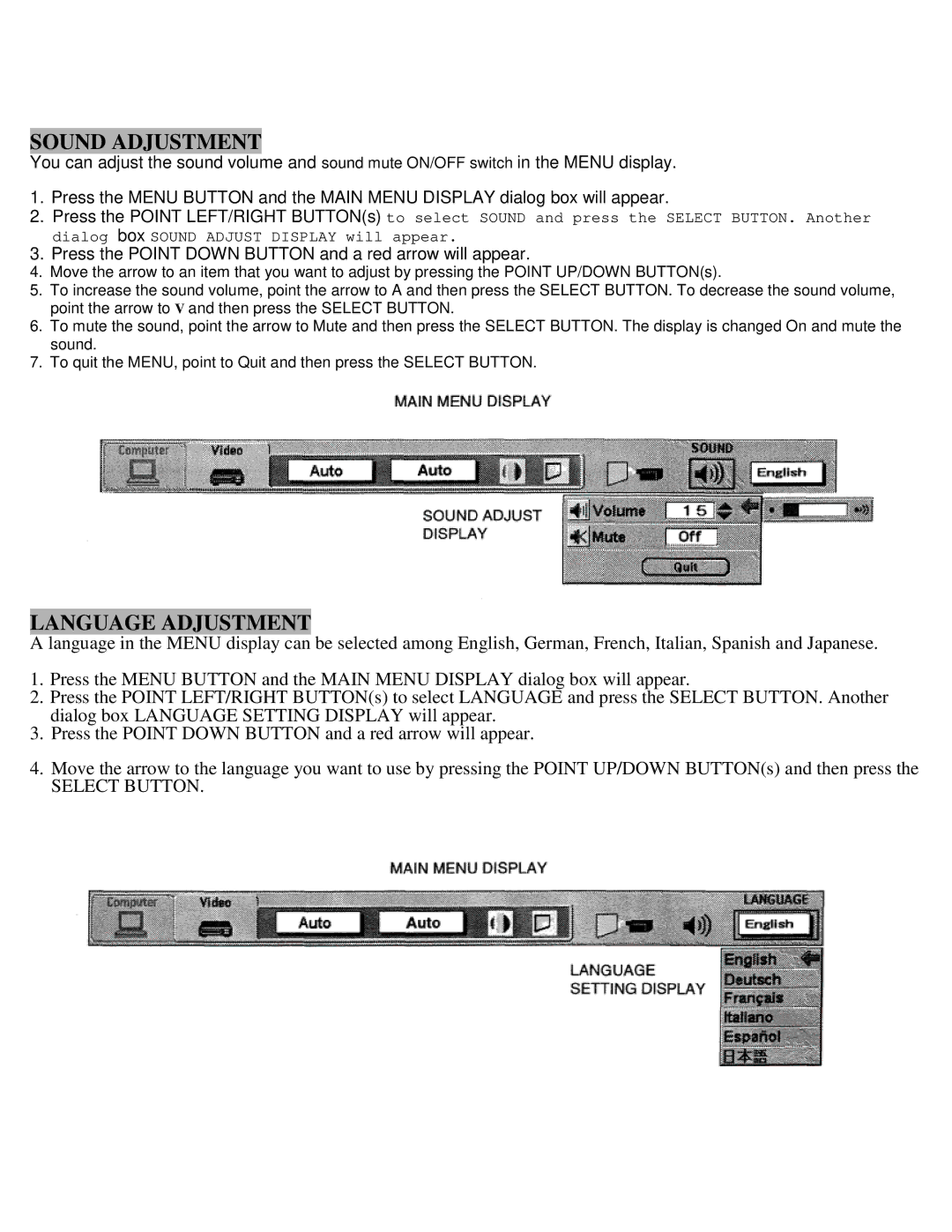 Eiki LC-X990 instruction manual Sound Adjustment, Language Adjustment 