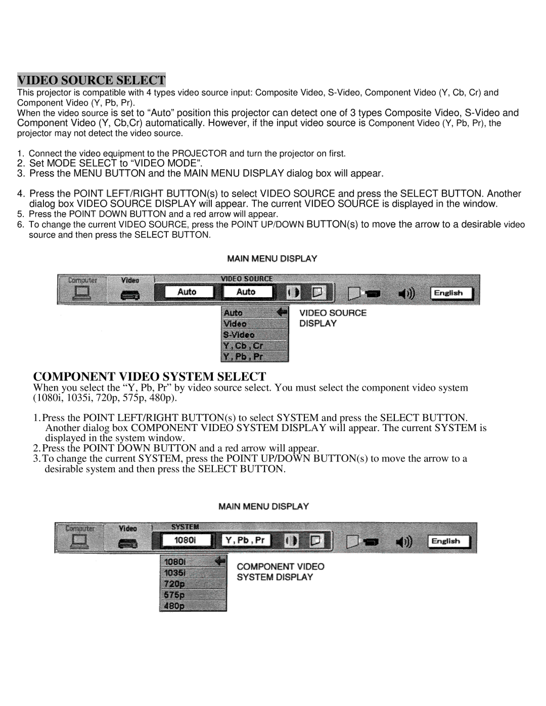 Eiki LC-X990 instruction manual Video Source Select, Component Video System Select 