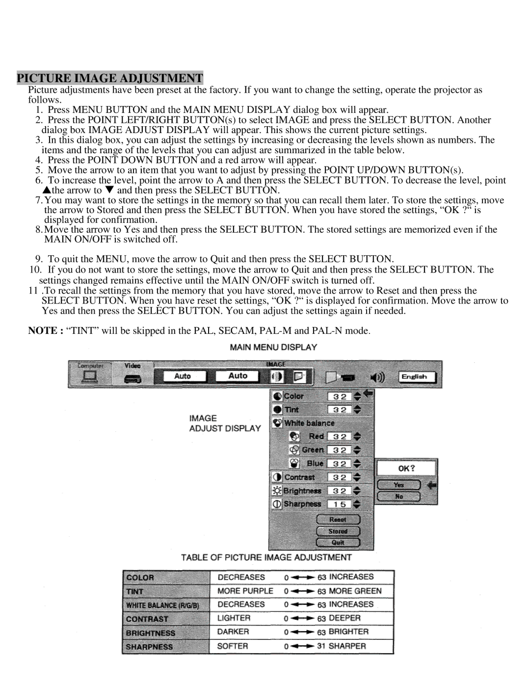 Eiki LC-X990 instruction manual Picture Image Adjustment 