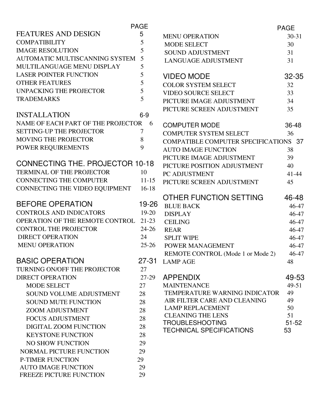 Eiki LC-X990 instruction manual Video Mode, Before Operation, Basic Operation, Other Function Setting, Appendix 