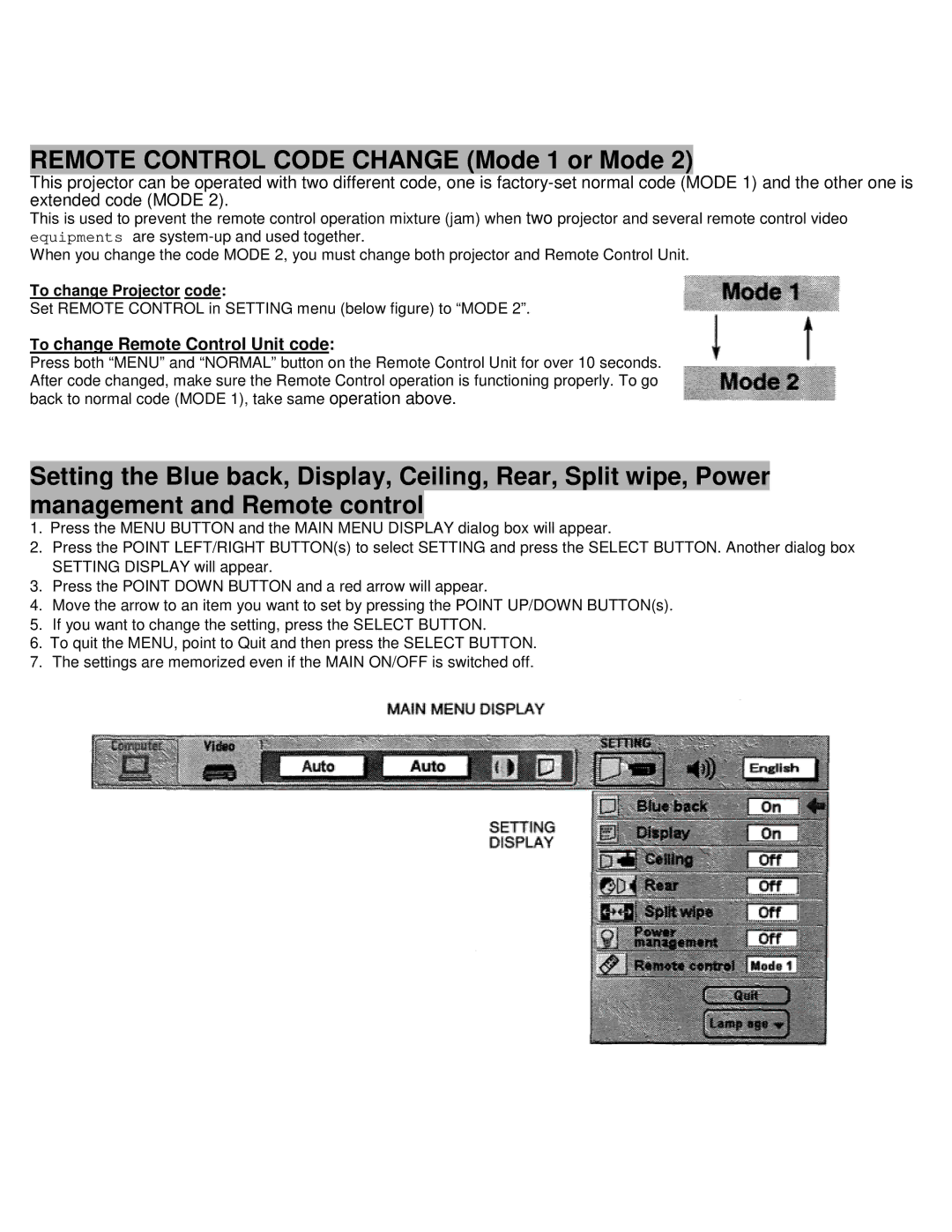Eiki LC-X990 instruction manual Remote Control Code Change Mode 1 or Mode 