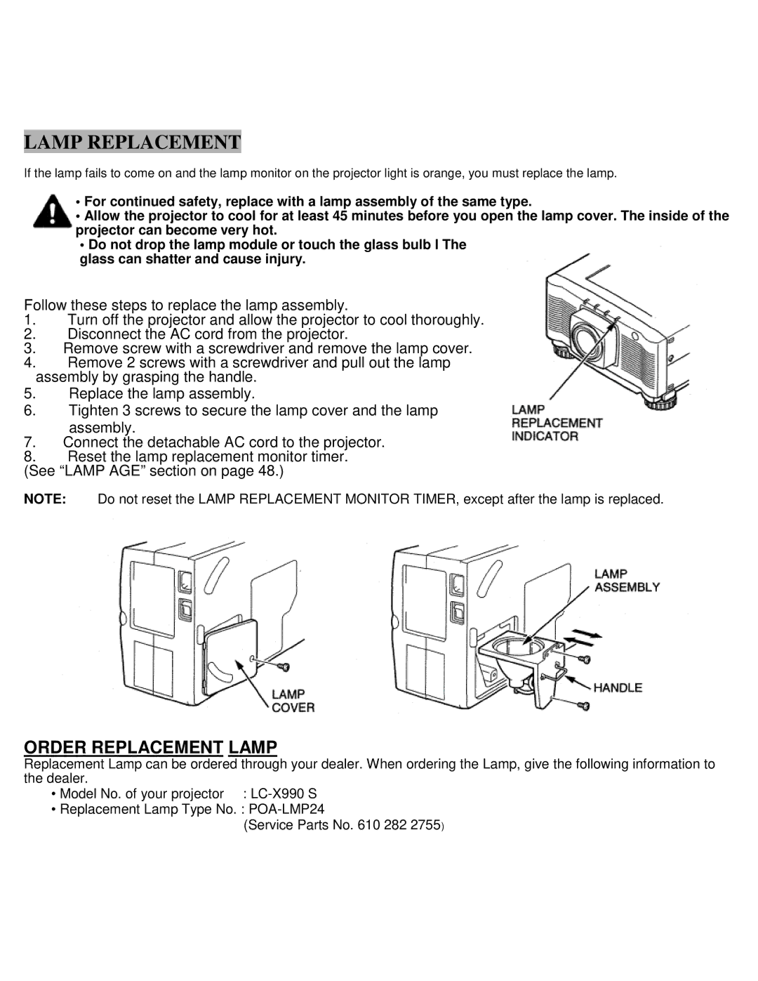 Eiki LC-X990 instruction manual Lamp Replacement 