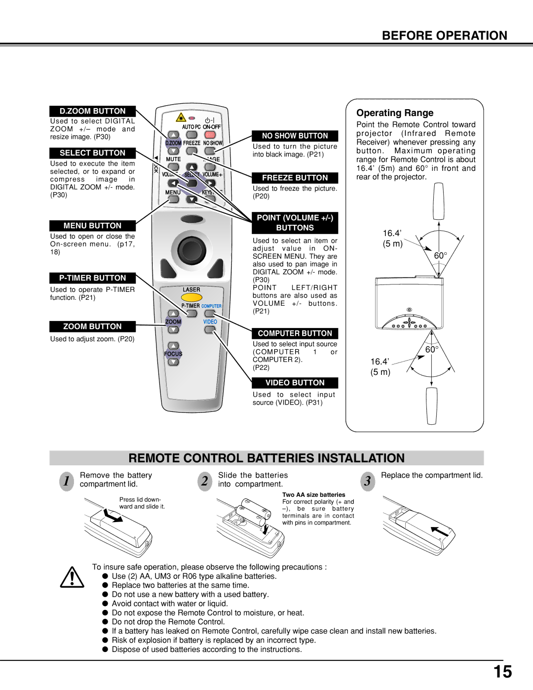 Eiki LC-XB10 owner manual Remote Control Batteries Installation 