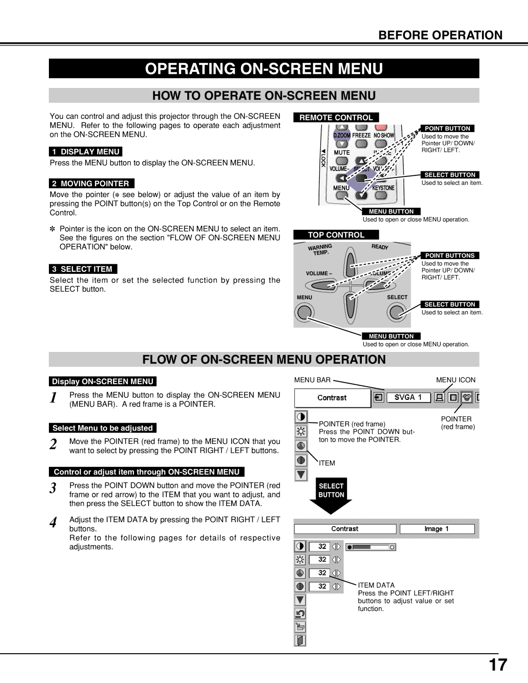 Eiki LC-XB10 owner manual Operating ON-SCREEN Menu, HOW to Operate ON-SCREEN Menu, Flow of ON-SCREEN Menu Operation 