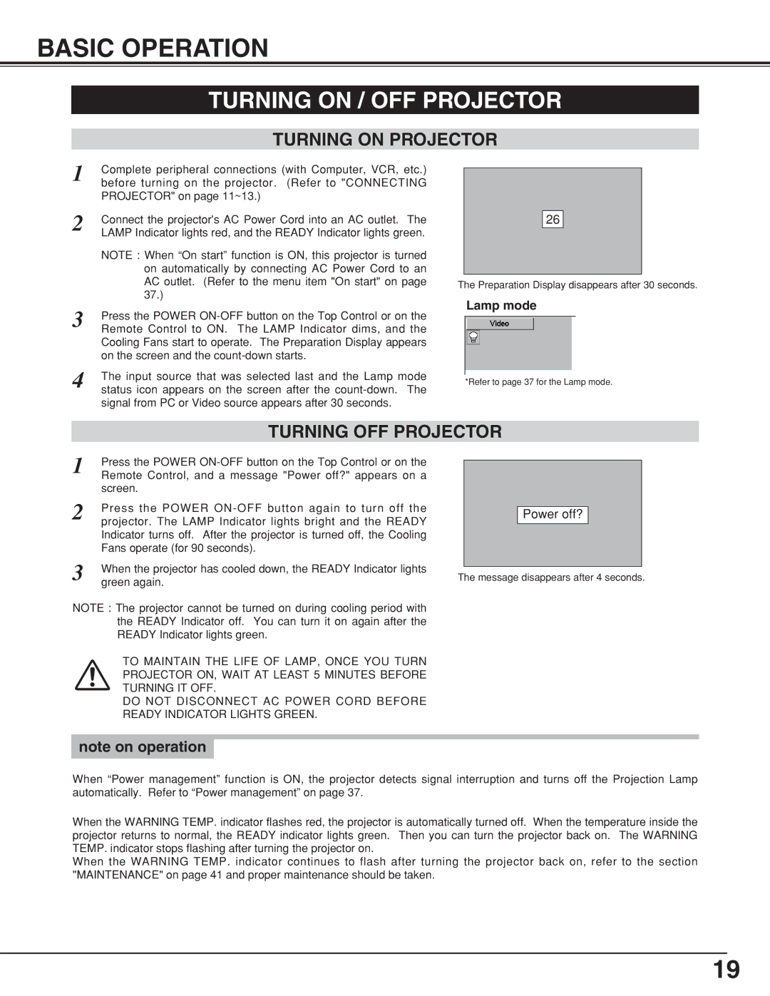 Eiki LC-XB10 Basic Operation, Turning on / OFF Projector, Turning on Projector, Turning OFF Projector, Lamp mode 